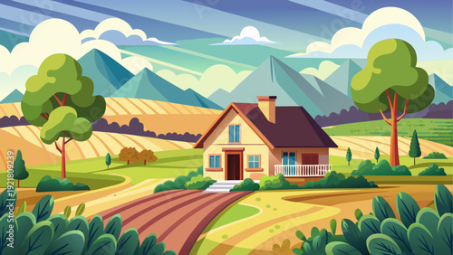 A quiet countryside farm landscape featuring a rustic cottage surrounded by open agricultural land simple terrain minimal vector illustration flat peaceful rural scene