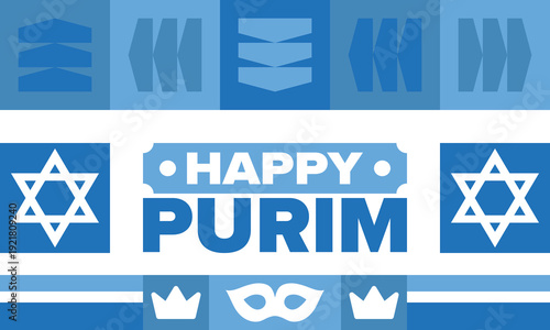 Purim. Happy Purim. Traditional Jewish religious holiday. Star of David, Carnival mask. Israel history. Сelebrated by a masquerade and festival. Poster art. Vector illustration