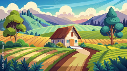 A quiet rural farm landscape featuring a small rustic cottage surrounded by open agricultural land simple natural terrain and minimal background elements create a clean balanced composition