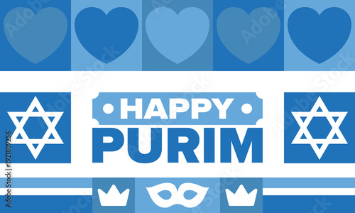 Purim. Happy Purim. Traditional Jewish religious holiday. Star of David, Carnival mask. Israel history. Сelebrated by a masquerade and festival. Poster art. Vector illustration