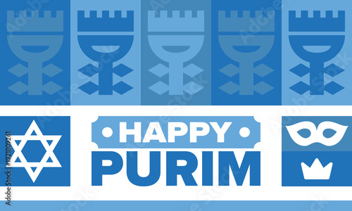 Purim. Happy Purim. Traditional Jewish religious holiday. Star of David, Carnival mask. Israel history. Сelebrated by a masquerade and festival. Poster art. Vector illustration