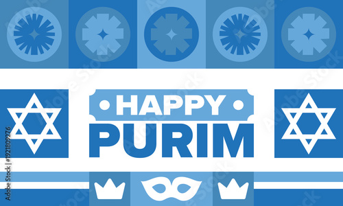 Purim. Happy Purim. Traditional Jewish religious holiday. Star of David, Carnival mask. Israel history. Сelebrated by a masquerade and festival. Poster art. Vector illustration