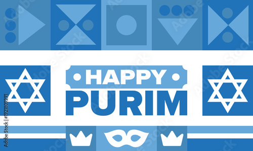Purim. Happy Purim. Traditional Jewish religious holiday. Star of David, Carnival mask. Israel history. Сelebrated by a masquerade and festival. Poster art. Vector illustration