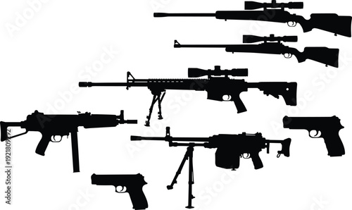 Black silhouettes of various firearms on white background guns rifles pistols