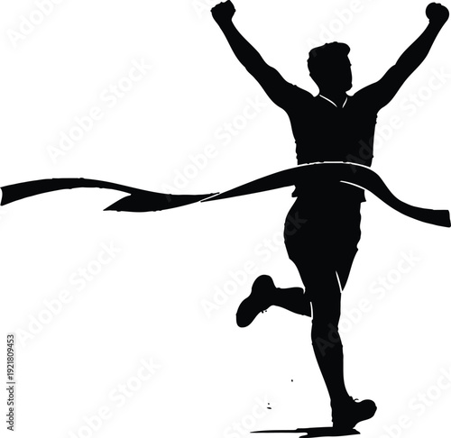 Runner crosses finish line with arms raised in victory, silhouette