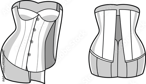 Gray and white corset with boning and lacing details shown from front and back views