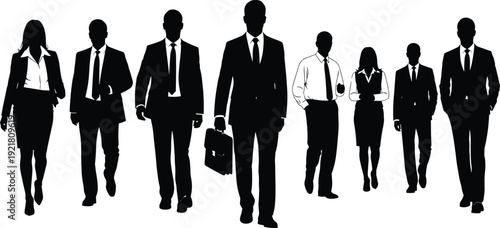 Business people walking silhouettes, professional team in motion, corporate office staff, formal attire vector illustration