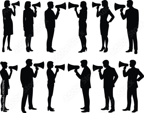 Business communication silhouettes illustration set showing men and women speaking with megaphones isolated on white background flat vector style for marketing concepts
