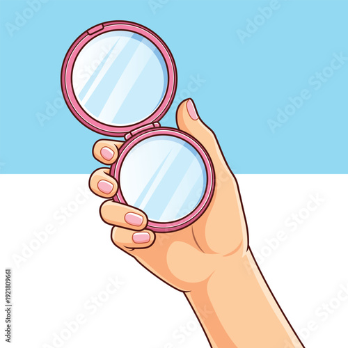 Hand holding compact mirror beauty illustration