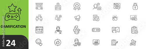 A collection of 20 small black and white icons on a white background with a green sidebar