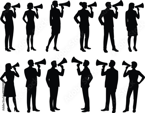 Business people megaphone silhouettes illustration set featuring men and women announcing marketing messages isolated on white background flat vector style