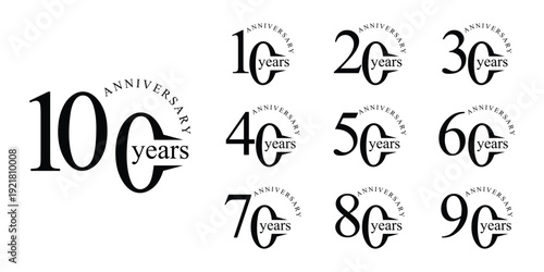 Set of 10 to 100 anniversary logo design. years celebration 10 to 100 logo icon vector collection. elegant luxury symbol concept.