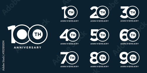 Set of 10 to 100 anniversary logo design. years celebration 10 to 100 logo icon vector collection.