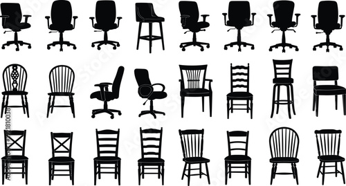 Chair silhouette vector set featuring office chairs wooden seating furniture collection isolated line art black white interior design