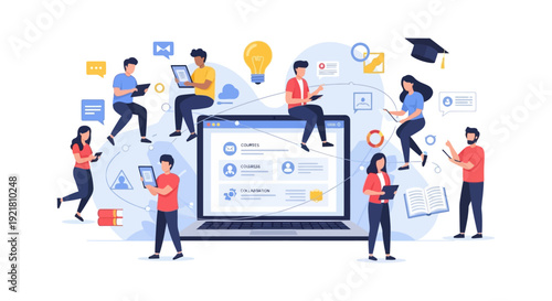 Digital E-Learning Platform: Students Collaborating on Online Courses via Laptop and Devices. Remote Education, MOOC, and Connected Study Group Concept.