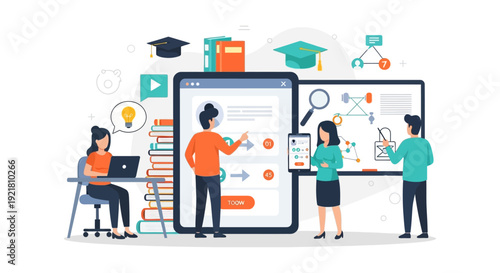 Digital E-learning and Online Education Platform. Students Collaborate on Strategy, Remote Courses, and Knowledge Acquisition Flat Illustration.