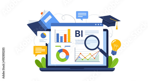 Business Intelligence (BI) Education and Data Analysis Dashboard. Learning Statistics, Strategic Reporting, and Knowledge Acquisition Flat Vector Illustration.