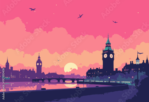 panoramic illustration Liverpool waterfront Royal Liver Buildings twin birds silhouetted against vibrant pink Mersey sunset