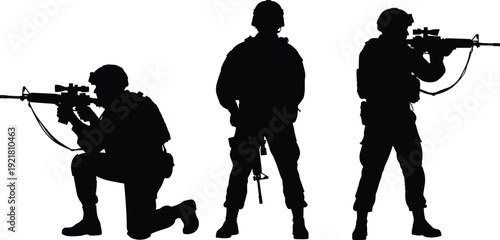 Three soldiers in black silhouette with guns military rifles