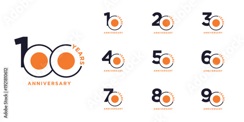 Set of 10 to 100 anniversary logo design. years celebration 10 to 100 logo icon vector collection.