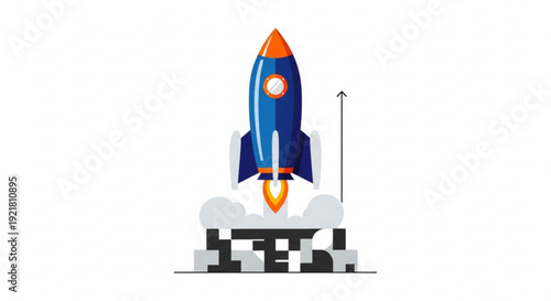 Rocket ship launching into space with orange flames and smoke from a blue and white launchpad on a plain background