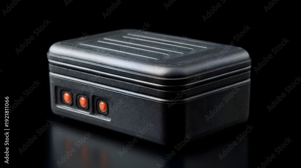 Fototapeta premium A dark rugged electronic device with three orange indicator lights in dramatic studio lighting