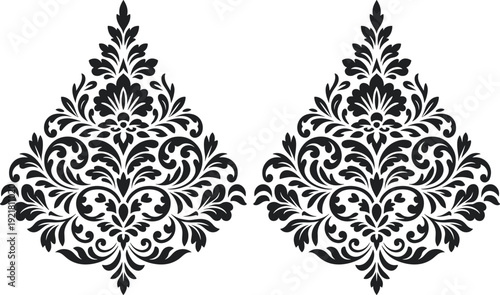 Luxury black damask floral ornament pattern, vintage baroque decorative symmetrical motif isolated on white background vector illustration design
