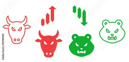 Bull and Bear Market Icon Set for Stock Market Trends, Red Bull for Bullish Upswing and Green Bear for Bearish Downturn with Candlestick Charts, Vector Elements for Finance, Investment, Trading 