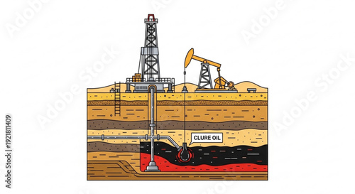 Crude oil extraction process with drilling rigs and pumpjack in layered underground geological formation