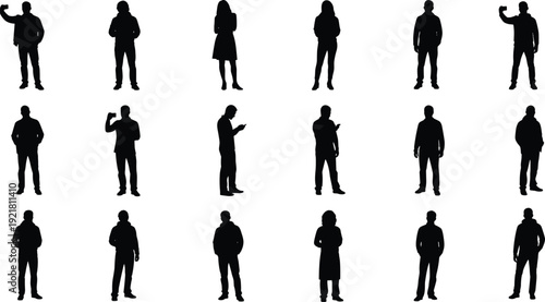 Collection of diverse men and women silhouettes in various poses and with technology, representing modern social and professional interactions for design