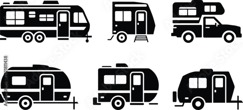 Six black and white line of different types of campers and trailers with doors open