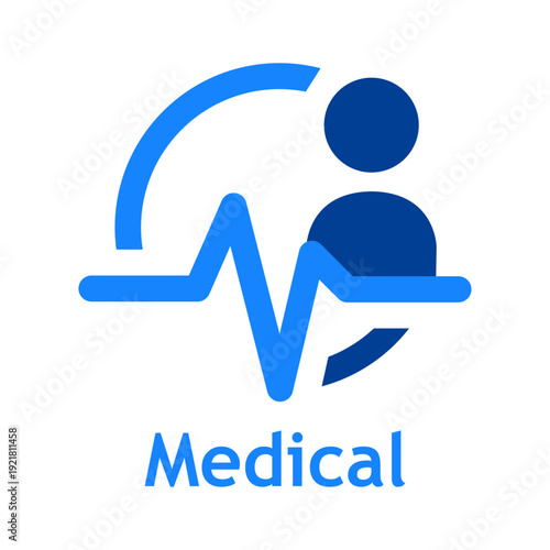 Logo Medical. Símbolo con latido cardíaco e icono de paciente en círculo lineal