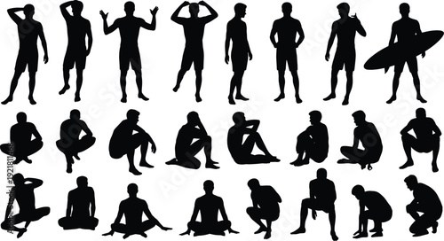 Silhouettes of people standing and sitting in various poses on a white background