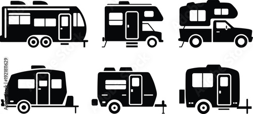 Six black and white of different types of recreational vehicles and trailers parked on a flat surface