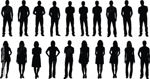 Collection of diverse men and women silhouettes in various poses, representing different body types and styles for graphic design resources and projects