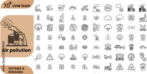 Air pollution line icons set for climate change and carbon dioxide emission concepts featuring factory smoke and waste symbols