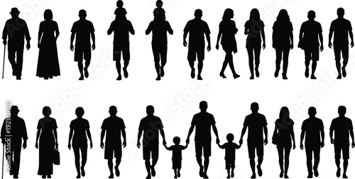Collection of diverse people, including families and individuals, walking in silhouette, representing various generations and life stages for design and projects