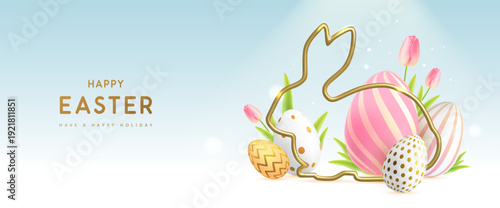 Happy Easter background with colorful easter eggs, golden rabbit silhouette and tulips. Holiday greeting card or poster. Vector illustration