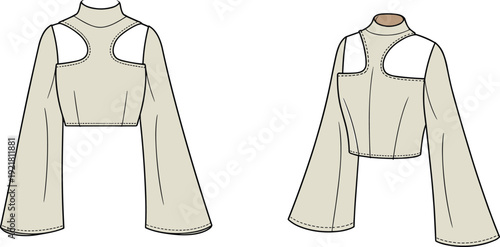 Two beige sleeveless tops with long bell sleeves and cutout on front and back long sleeves