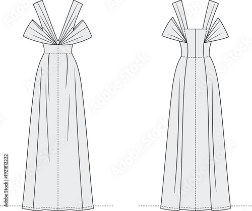 Two Long Gray Dresses with Bow Tops and Flowing Skirts