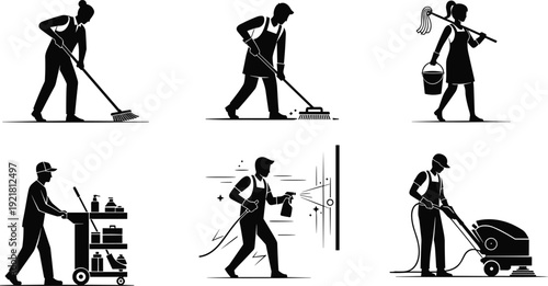 Cleaning service workers, janitorial staff, housekeeping team, sanitation crew, floor scrubbing, mopping, disinfecting, cleaning cart, hygiene maintenance, professional cleaners