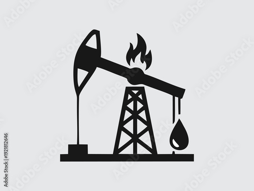 Oil pumpjack silhouette with oil drop and fire flame icon