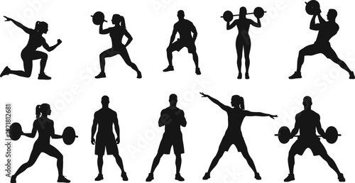Collection of athletic male and female silhouettes in different poses, performing various fitness and strength training exercises with weights