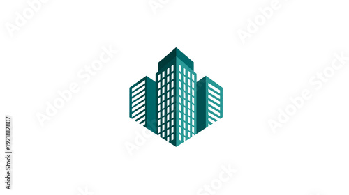Stylized geometric city skyline icon with three modern teal buildings, representing urban development, architecture, and real estate.
