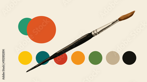 Paint brush with colorful color palette circles and swatches for art, creativity, design, and artistic projects on a light background.