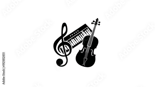 Black silhouette of musical instruments: treble clef, keyboard, and violin. Perfect for music lessons, concerts, and artistic design.