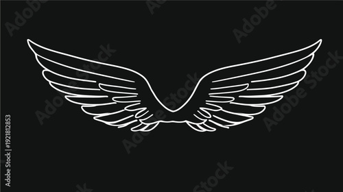 Elegant white outline wings illustration on a black background, symbolizing flight, freedom, heavenly protection, and aspiration.