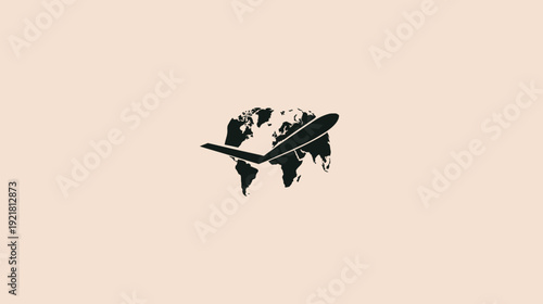 Minimalist graphic of an airplane soaring above a world map, symbolizing global travel, aviation, and international routes.