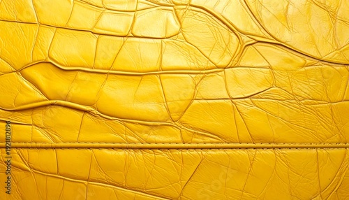 Close-up of a vibrant yellow leather texture, resembling crocodile skin, with visible stitching across the bottom. The surface is glossy