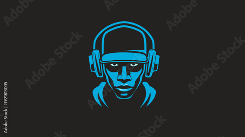 Stylized graphic illustration of a focused person wearing headphones and a cap, blue monochrome design for music, DJ, or urban culture.